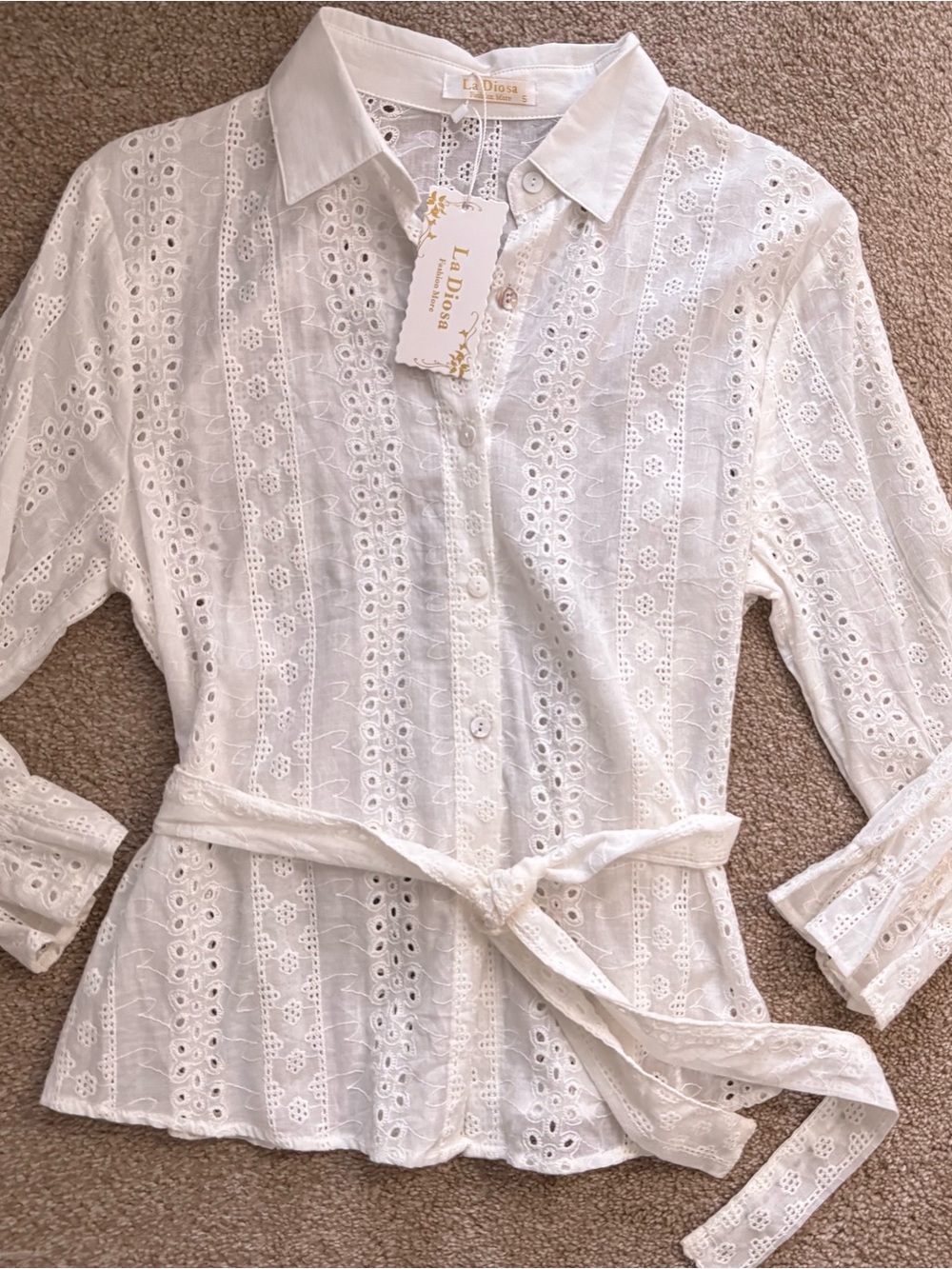 White Eyelet Tie-Waist Button-Down Shirt